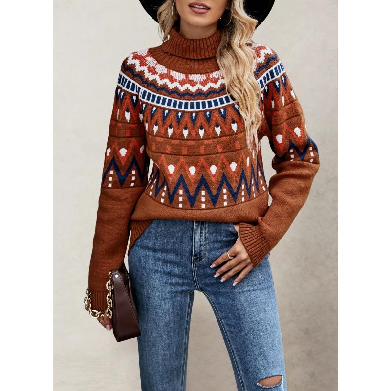Autumn Winter High Neck Loose Knit Sweaters Retro Striped Patchwork and Contrasting Colors Sweaters