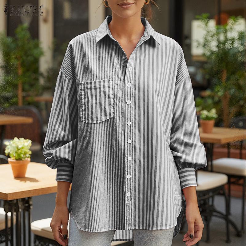 ZANZEA Damen Kentkragen Langarm Lässige Gestreifte Bluse