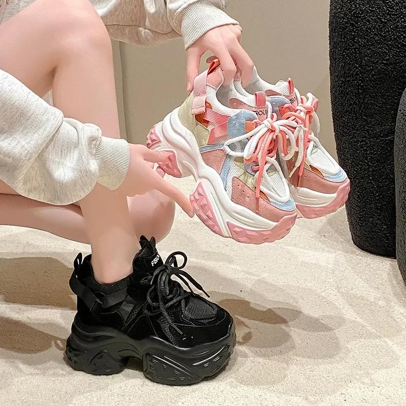 Fashion 11CM Women Mesh Chunky Sneakers 2024 Autumn High Platform Shoes Ladies New Wedges Casual Shoes Woman Sports Dad Leather Sneakers