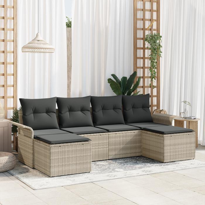 Ensemble de canapé de jardin de 6 pièces avec coussins en rattan synthétique gris clair, Canapé de jardin de 2 places 3354141