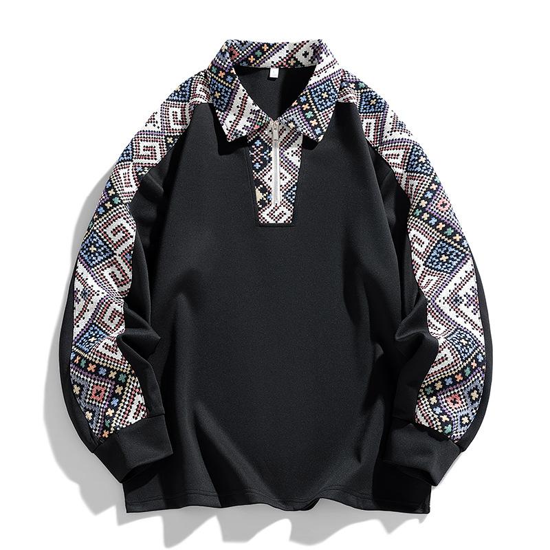 Jacquard Patchwork Polo Collar Hoodie for Couples, Versatile Pullover Top Long-sleeved Sweatshirt