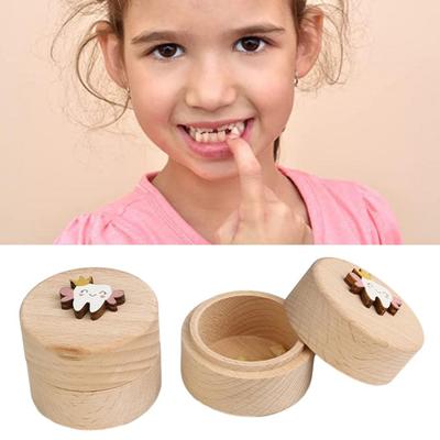 Tooth Wooden Box Tooth Container Box Baby Teeth Keepsake Box Wooden Cartoon Round Container for Boys Girls Tooth for Birthday