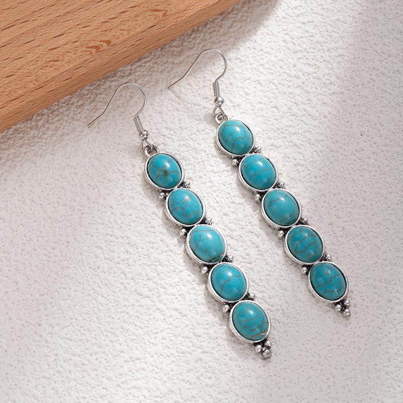 Retro Long Exaggerated Earrings, High-End Alloy Gold Inlaid White Turquoise Earrings, Niche Heavy Industry Earrings.