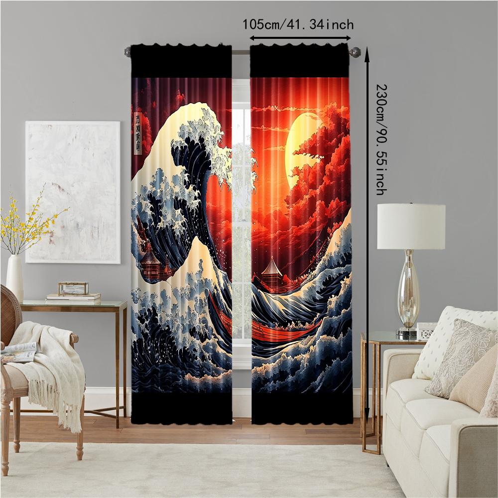 Set Of 2 Versatile Polyester Transparent Curtains Home Decoration Sunset Ocean Waves Japanese Art Use Bedrooms Made Bedroom Decor Window Treatment