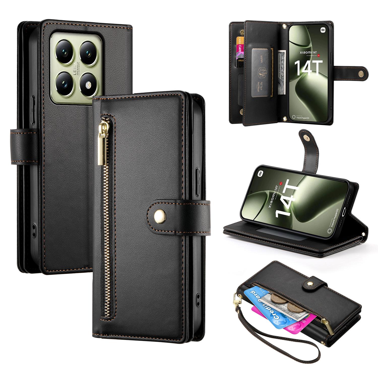 DF-011 For Xiaomi 14T Case Zipper Pocket Wallet Leather Phone Cover with Straps A
