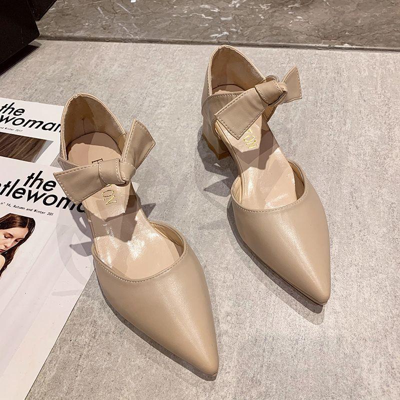 Baotou bow 5cm pointed head hollow high heels women's thick heel 2025 spring and summer new temperament single shoes middle heel