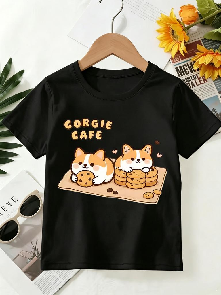 Corgie Cafe Kids Tee Corgi Dog Cookie Cartoon Print Boys Girls Family Matching Cotton Summer Short Sleeve Basic Children Tshirt