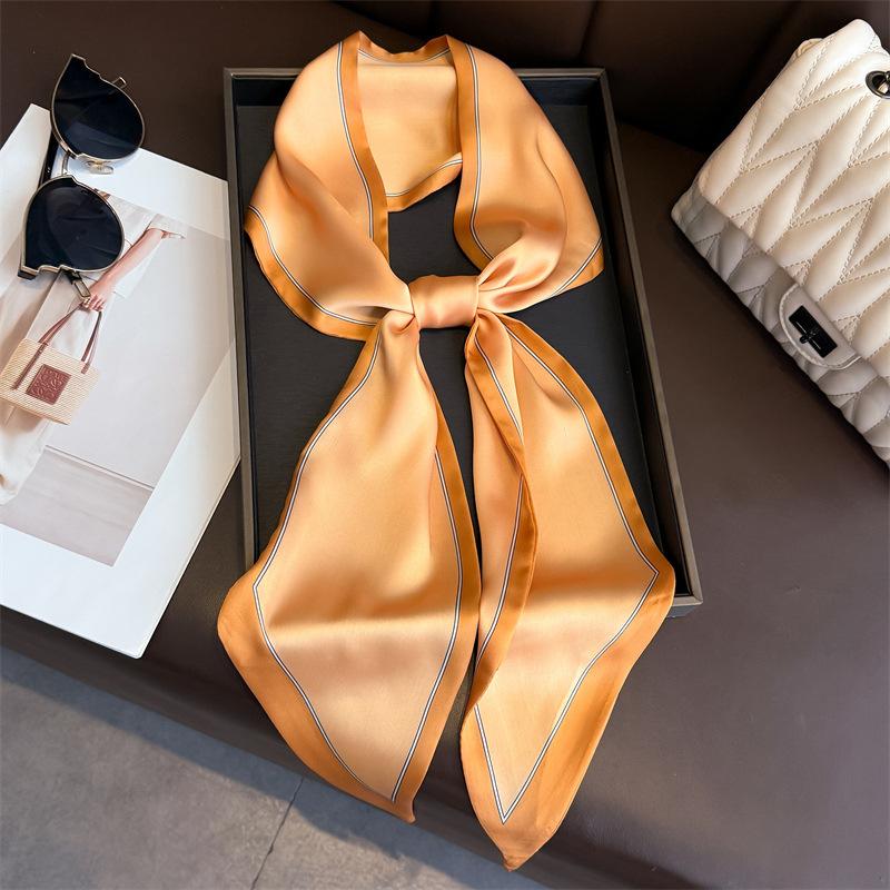 Simple women's thin and narrow silk scarves are versatile, new commuter double-layer printed bundle hair decorative streamer scarf, scarf diagonal cor