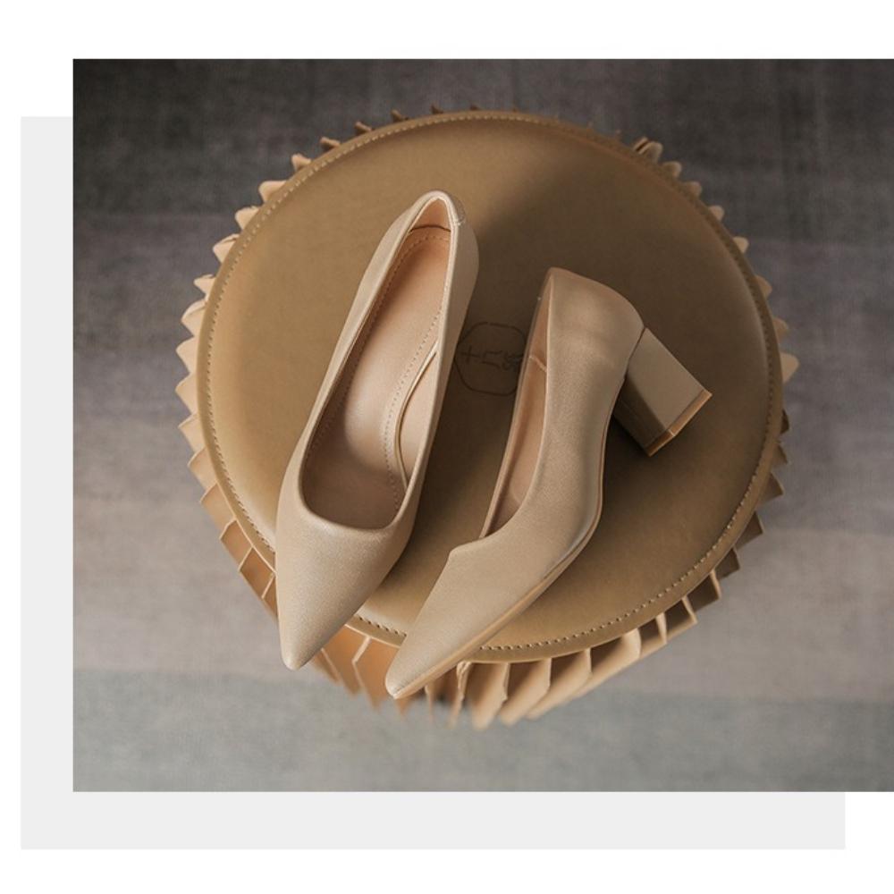 Women's French Nude High Heels 2025 Spring Autumn New Soft Leather Non-Tiring Feet Commuting Work Interview Versatile Shoes XCY40-555