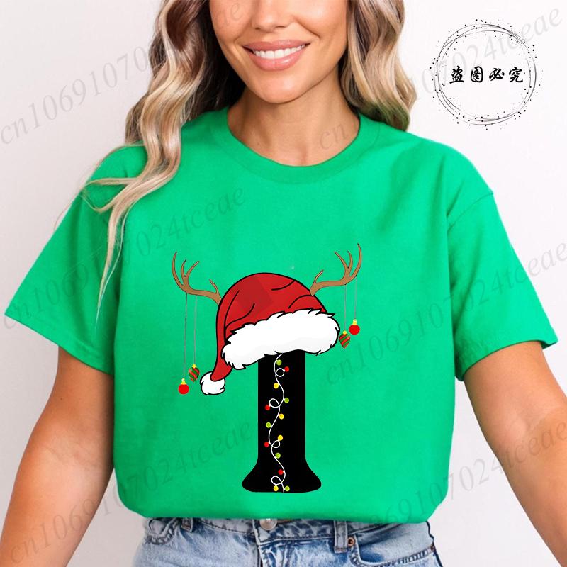 Fashion Merry Christmas Gift for Female Clothing Christmas 26 Alphabet Print TShirt for Women Casual Xmas Tees Short Sleeve Top