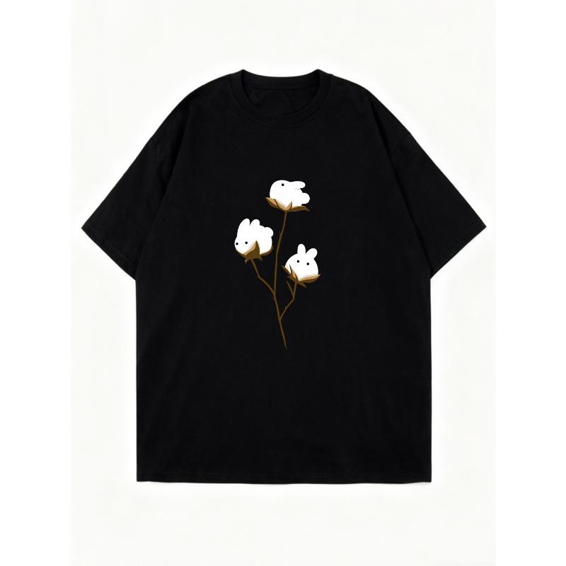 Oversized T Shirt Dress Black Cotton Flower Print Women Casual Summer Outfit