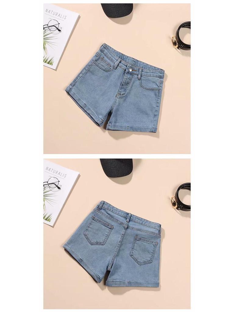 Women's High Waist Black Denim Shorts - 2025 Korean Style, Elastic, Slimming, Rolled Hem, Trendy Summer Hot Pants