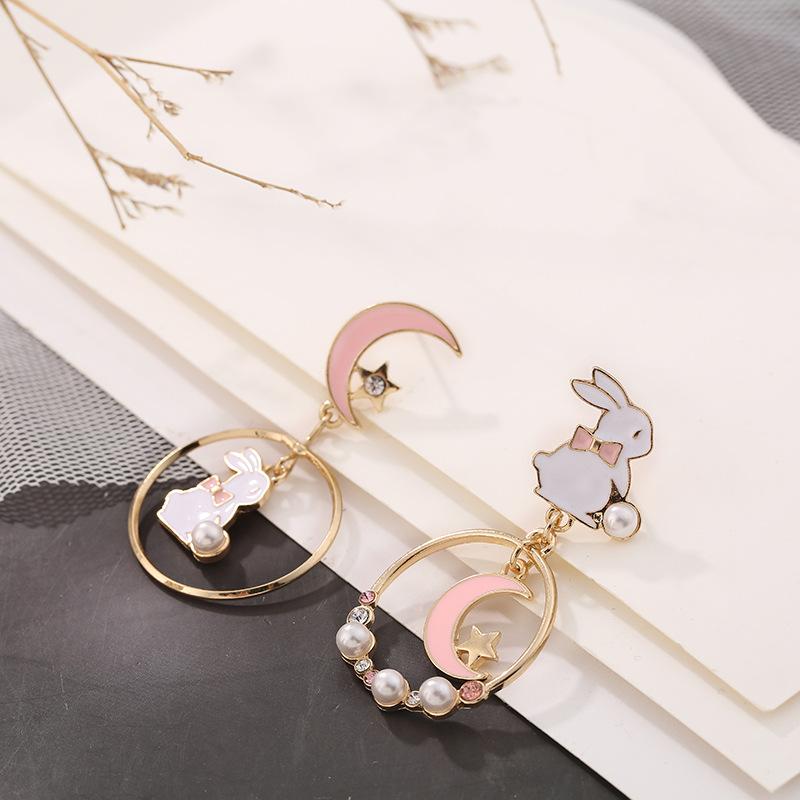 Orecchini Pendenti Donna Con Coniglio E Luna, In Argento, Design Unico E Artistico, Regalo Ideale - 3