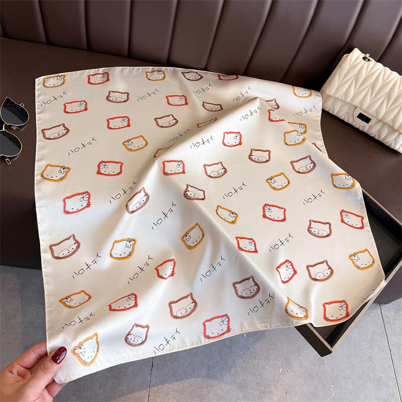 Colorful Cat Printed Silk Like Square Scarf For Women Fashion 66*70cm