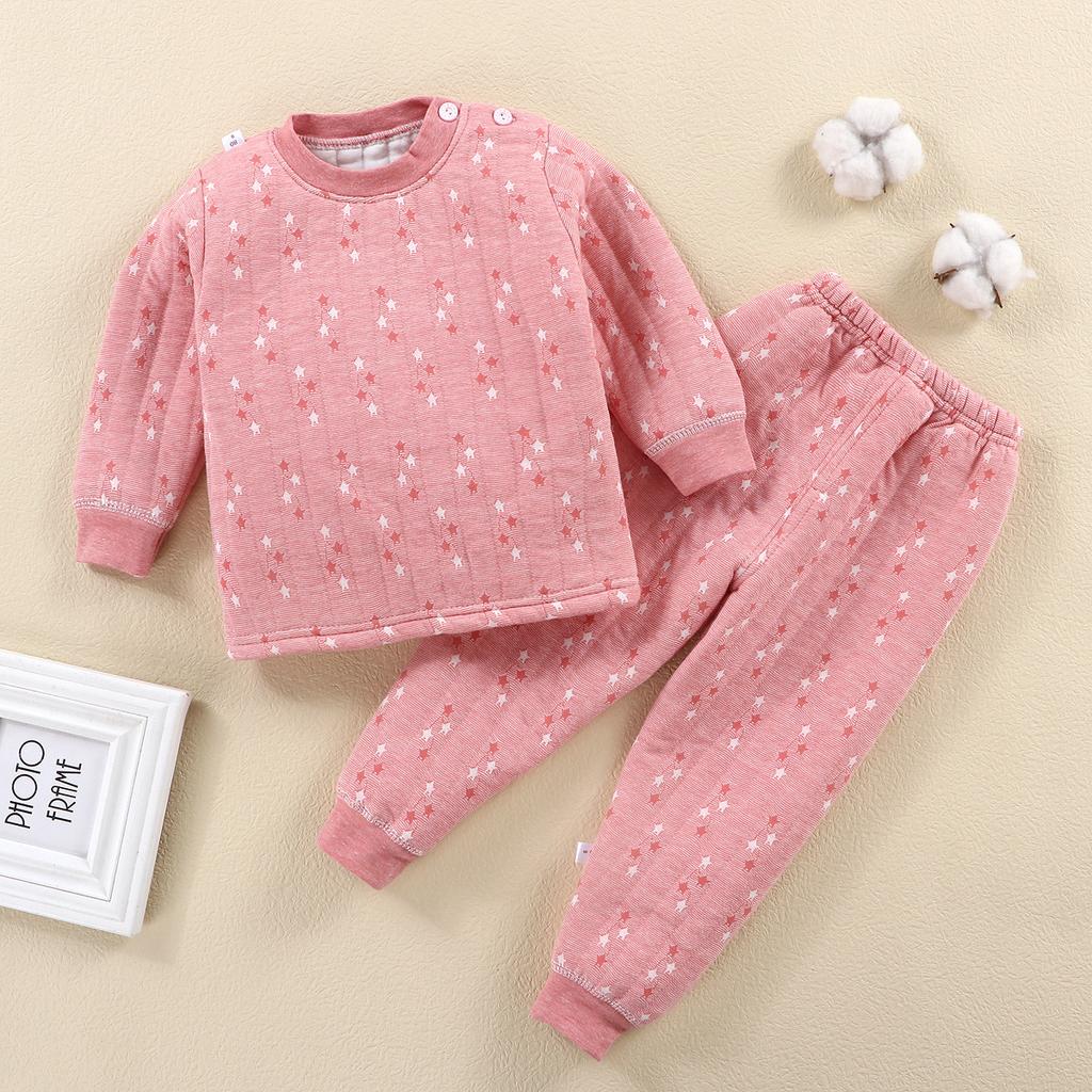 Autumn And Winter Children'S Thermal Underwear Set, Three-Layer Wired Cotton Thickened Baby Pajamas, Pure Cotton Loungewear Two-Piece Set