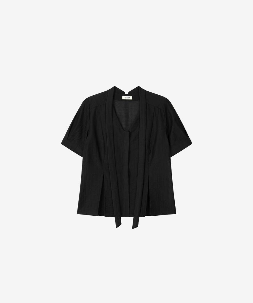 BASIKA Half-Sleeve V-Neck Tie Blouse (Black)