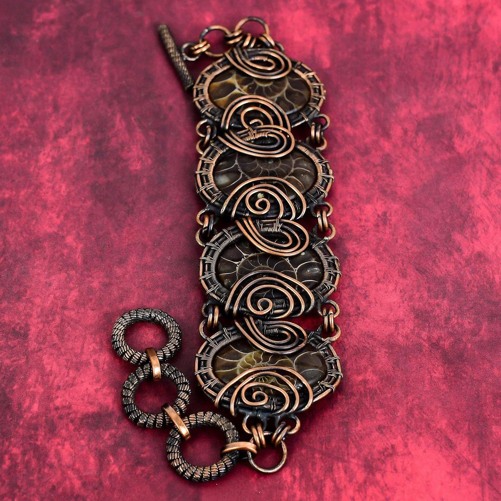 Ammonite fossil bracelet copper wire wrapped bracelet adjustable chain handmade bracelet copper jewelry engagement gifts gemstone bracelet