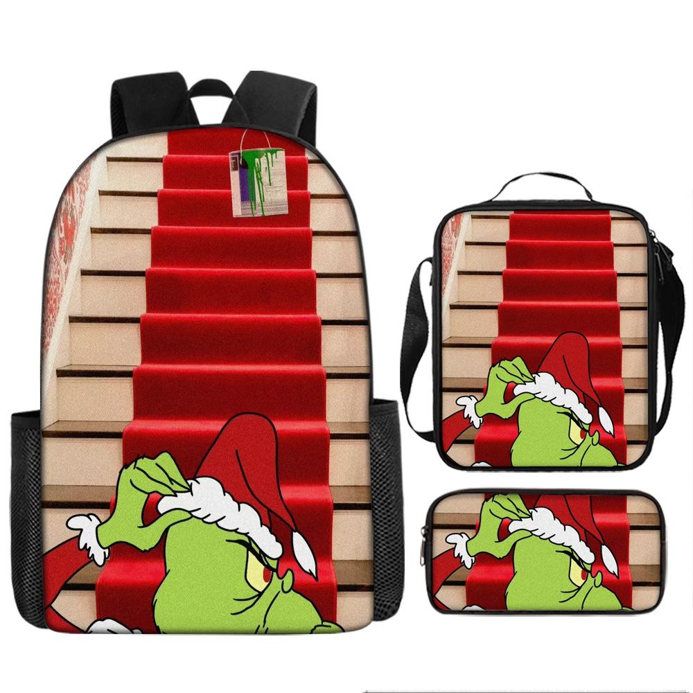 Green Hair Monster Grinch School Bag Campus 12345th and 6th Grade Backpack Lightweight Weight Loss Computer Bag Three-piece Set