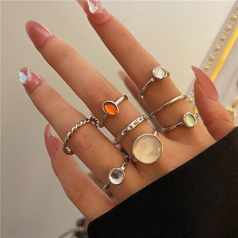 Vintage Colorful Crystal Stone Rings Set for Women Trendy Gold Silver Color Glazed Ring Set Geometric Resin Rings Party Jewelry