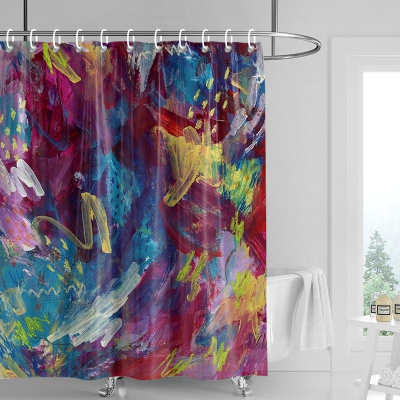 Abstract Handprint Shower Curtain - White with Colorful Geometric Shapes, Waterproof with Grommets, Modern Bathroom Decor