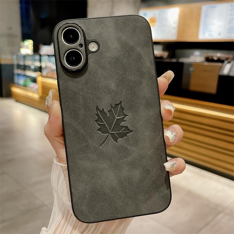 Slim Lambskin Leather Maple Leaves Pattern Phone Case for iphone 16E 11 12 13 14 15 16 Pro Max 15 16 Plus Soft Bumper Back Cover