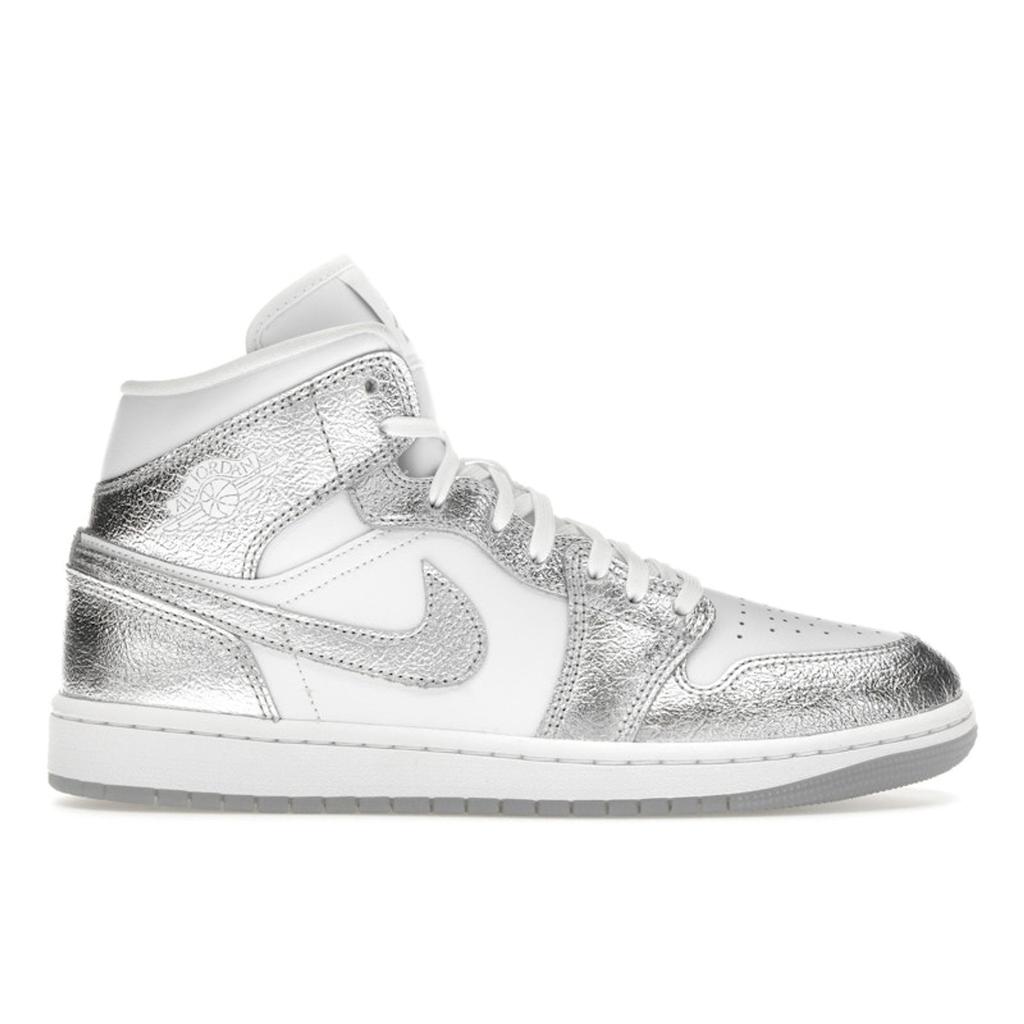 Air Jordan 1 Mid SE Metallic Silver Women Sneakers White Wolf-Grey FN5031-100