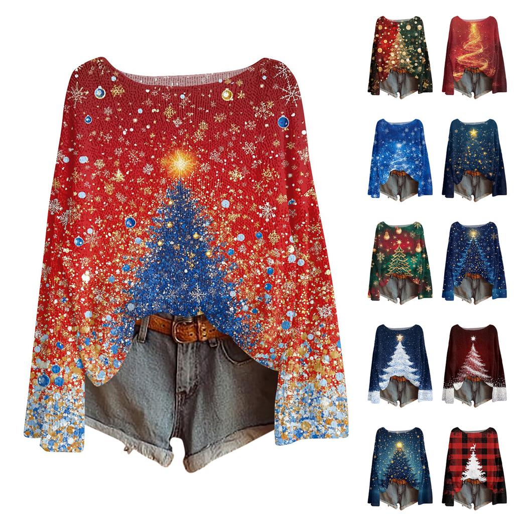 Women's Fashion Round Neck Long Sleeve Christmas Print Casual Pullover Sweater Top
