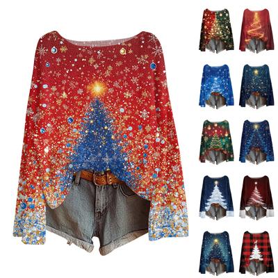 Women's Fashion Round Neck Long Sleeve Christmas Print Casual Pullover Sweater Top