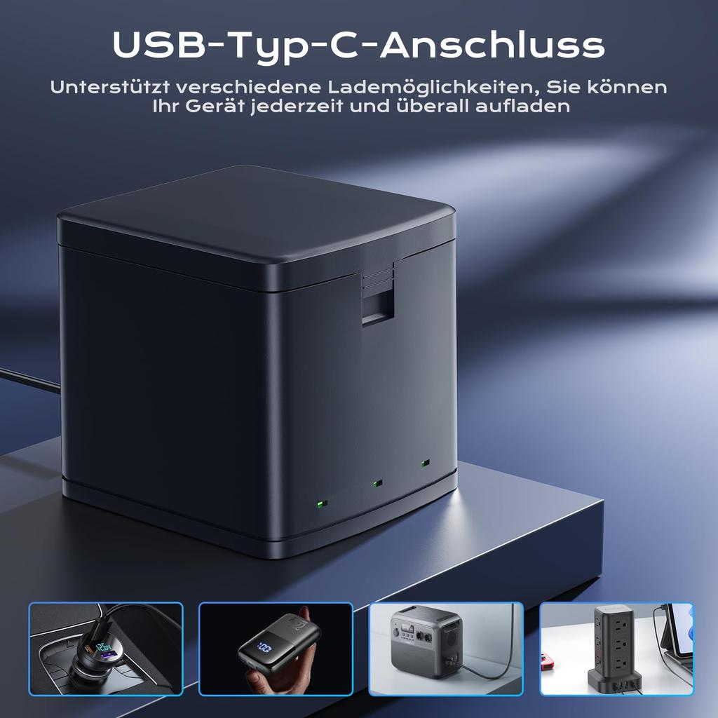 2-Pack 2500mAh Battery Set for GoPro Hero 12, Hero 9/10/11/12 Compatible, with 3-Port USB-C Fast Charging Charger.
