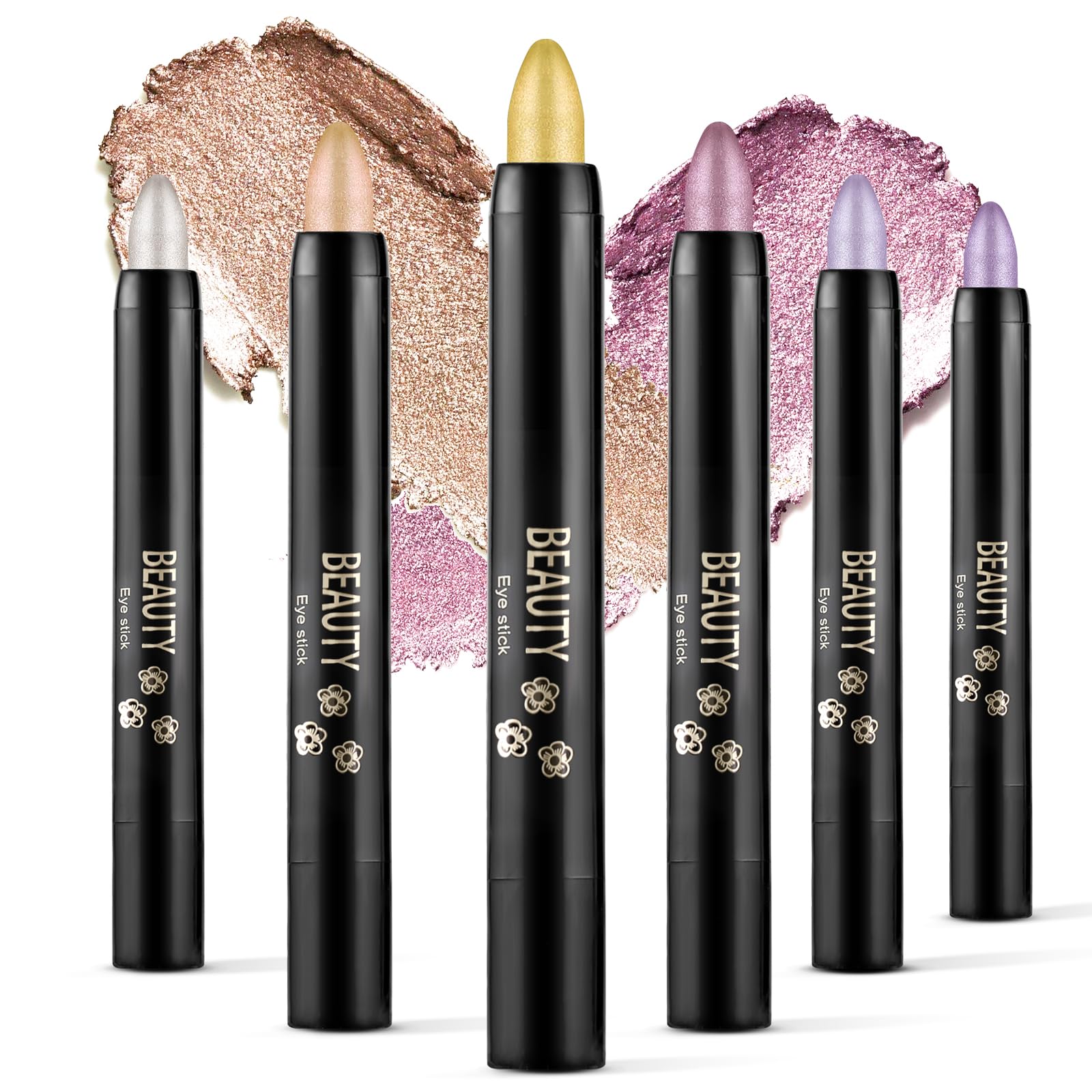 

Boobeen 6-Pack Cream Eyeshadow Sticks - Waterproof Eyeshadow Pen Silk Crayon - Eye Brightener Stick Champagne Pen - Create Glitter Eye Makeup - Easy