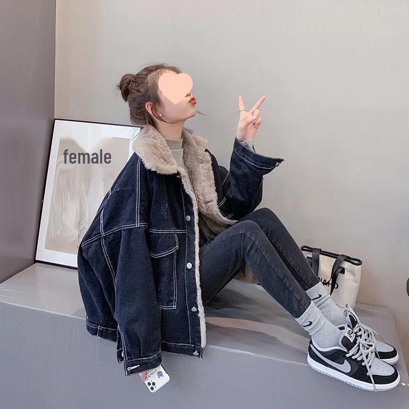 Women's Korean-Style Lambswool Denim Jacket - Autumn/Winter Loose Fit, Short Petite Student Design, Plus Velvet, Thick Cotton