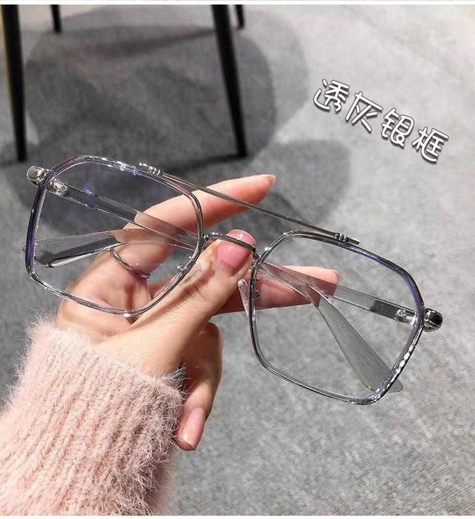 Retro Double Beam Color-Changing Glasses Frame Anti-Blue Light Student Flat Glasses Myopia Finished Men'S And Women'S Color-Changing Glasses