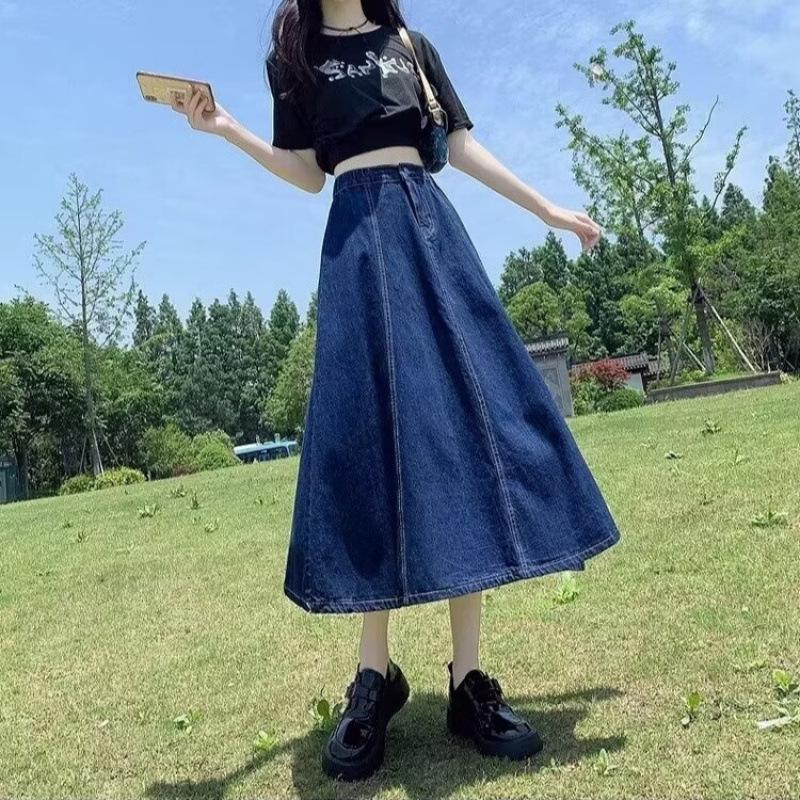 Women's High-Waist A-Line Denim Midi Skirt - Big Swing, New Spring/Summer