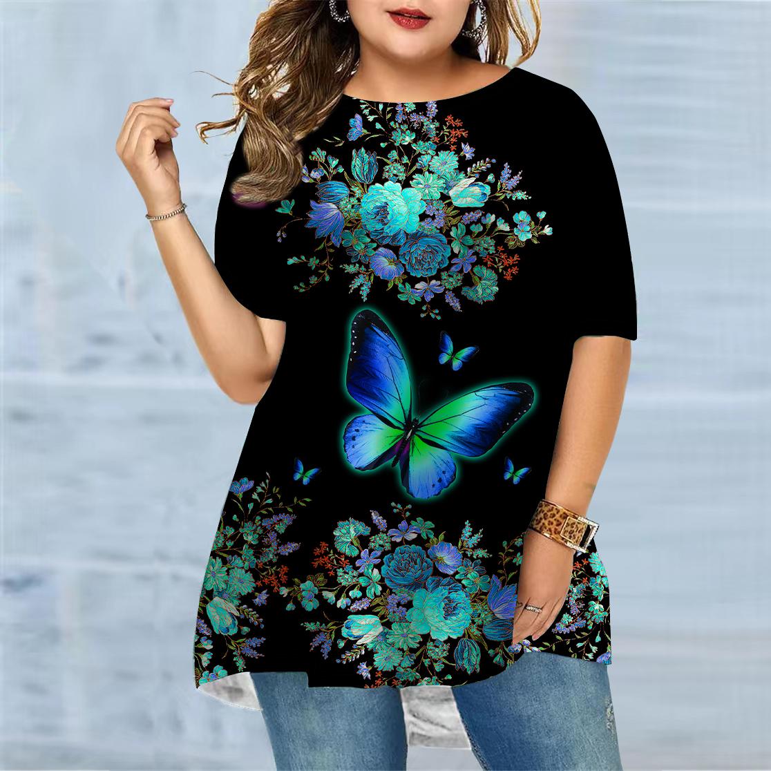 

Женская летняя футболка с принтом лунного света и бабочки размера плюс, удобная футболка с короткими рукавами и круглым вырезом, повседневная мешковатая футболка средней длины 8XL разноцветный