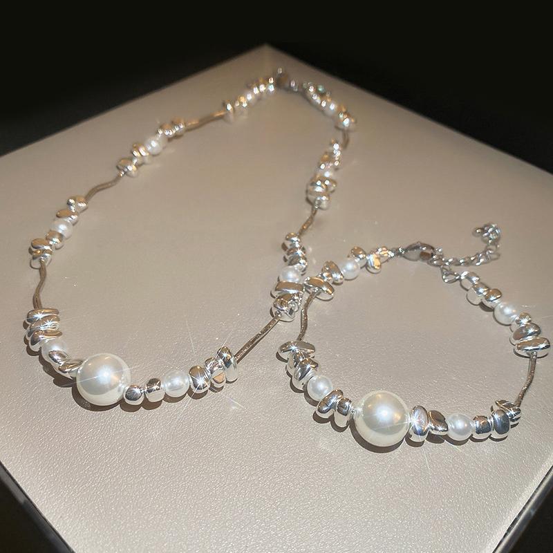 Irregular Broken Silver Pearl Necklace Bracelet For Women Girls Temperamental Geometric Jewelry Gift