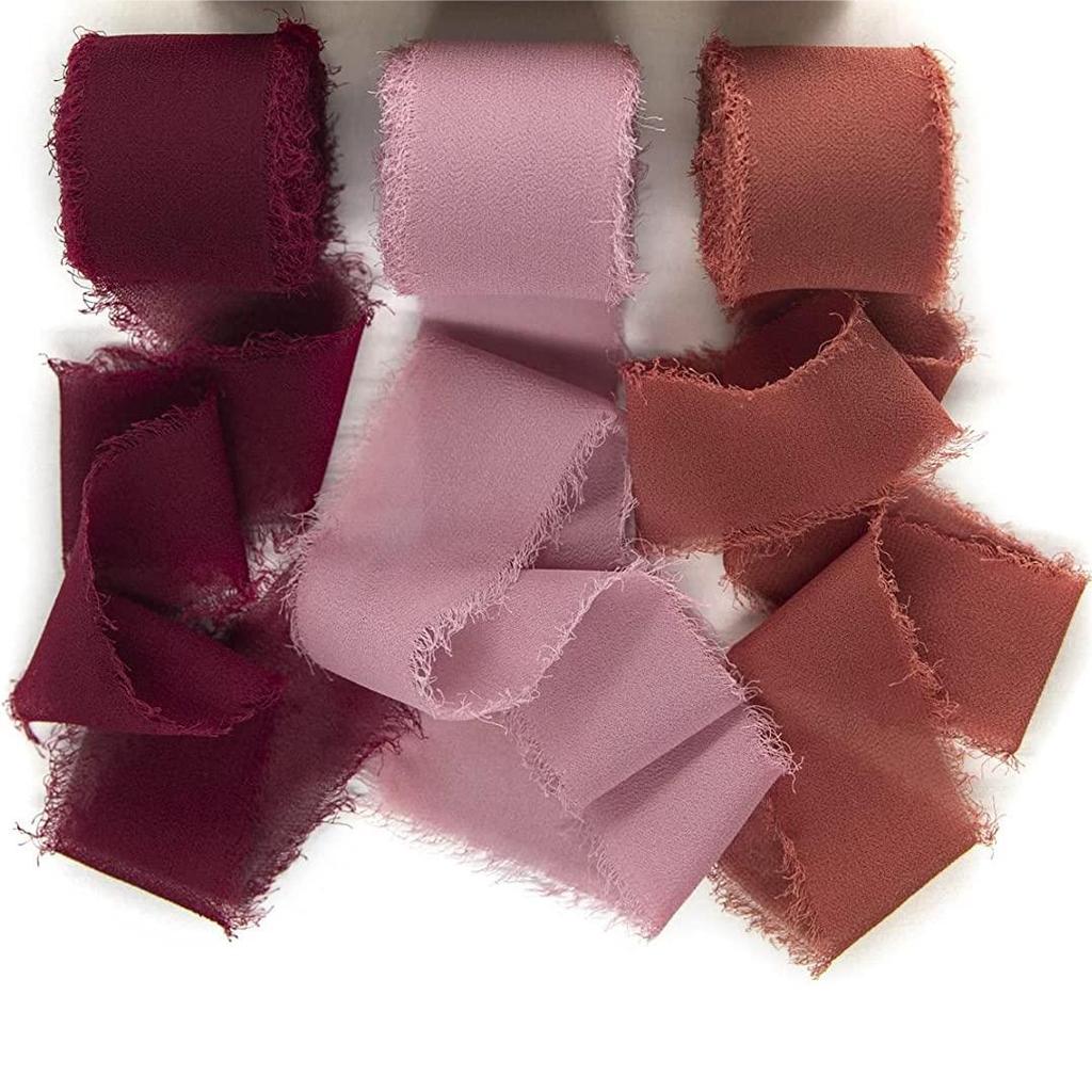 3 Roll/set 5m Frayed Edged Satin Handmade Chiffon Silk Ribbon For Wedding Invitation Bouquets Birthday Party DIY Decoration Gift