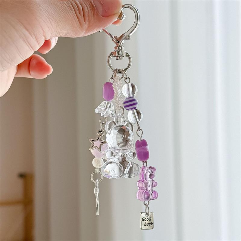 

Милый прозрачный брелок-подвеска в виде медведя, с бантом любви, элегантный брелок для ключей, сладкая цепочка для телефона, девчачье украшение для рюкзака, подарок фиолетовый