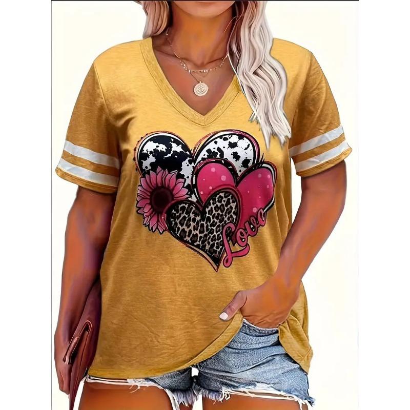 Summer V-neck 3D Love Sunflower Printed Top Fashionable Casual Short Sleeved Women's T-shirts