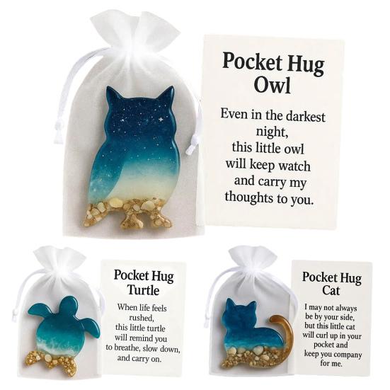 Yousheng Pocket Hug Animal with Positive Card Emotional Support Resin Animal Token Mini Dachshund Turtle Owl Cat Corgi Bulldog Statue Figurine Gift