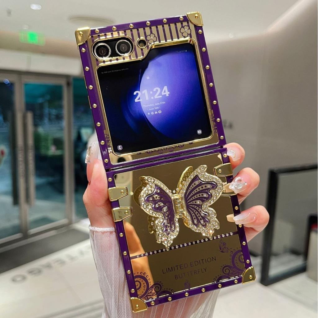 Samsung Z Flip6 Vouwscherm Mobiele Telefoon Hoesje Geschikt voor ZFlip3 4 5 Spiegel Vlinder Diamant Inleg Beugel Beschermhoes