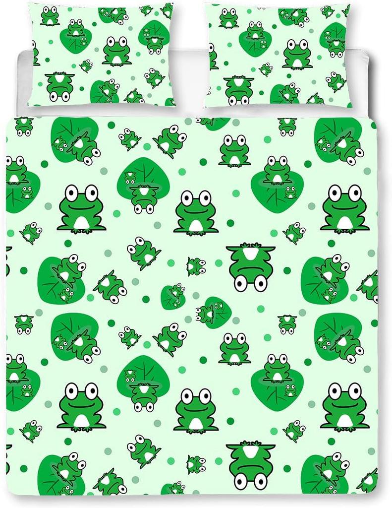 Green Cartoonish and Cute Frog Bedding Kids Double Duvet Set for Microfibre Duvet Cover and 2 Pillowcases 3D Printing Pattern