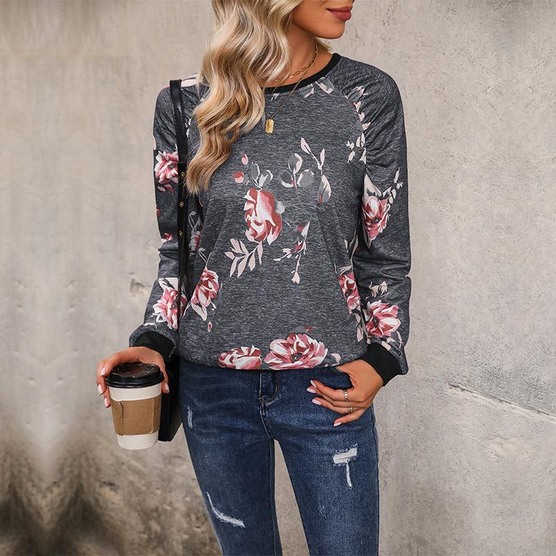 YYFS Jerséis y mangas largas con cuello redondo y manga larga para primavera y otoño con estampado de flores informales a la moda para mujer