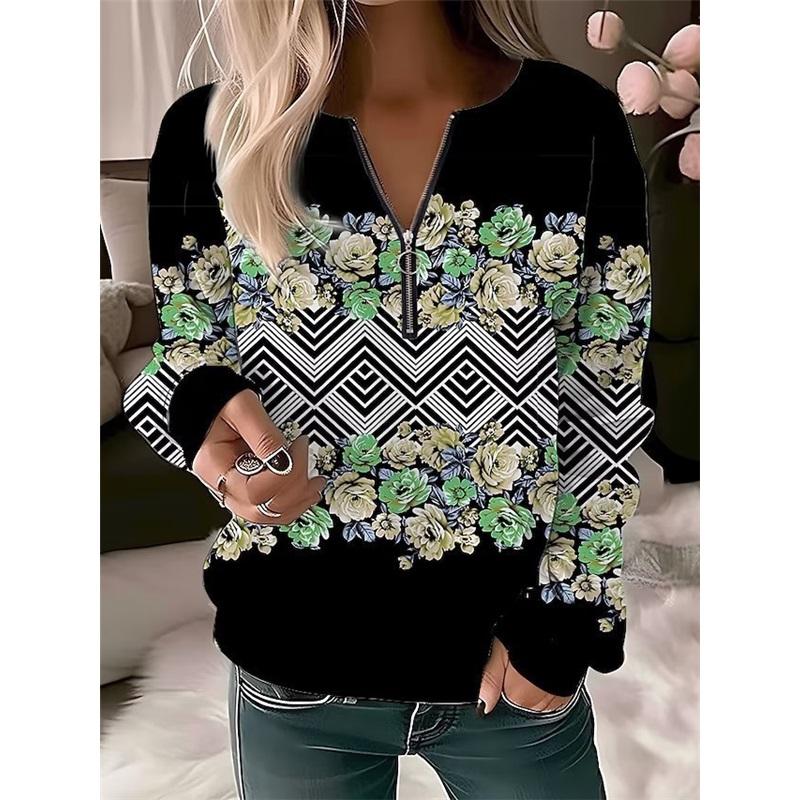 Women's Floral Print Half-Zip Sweatshirt Crew Neck Long Sleeve Casual Pullover Spring Autumn Blouse