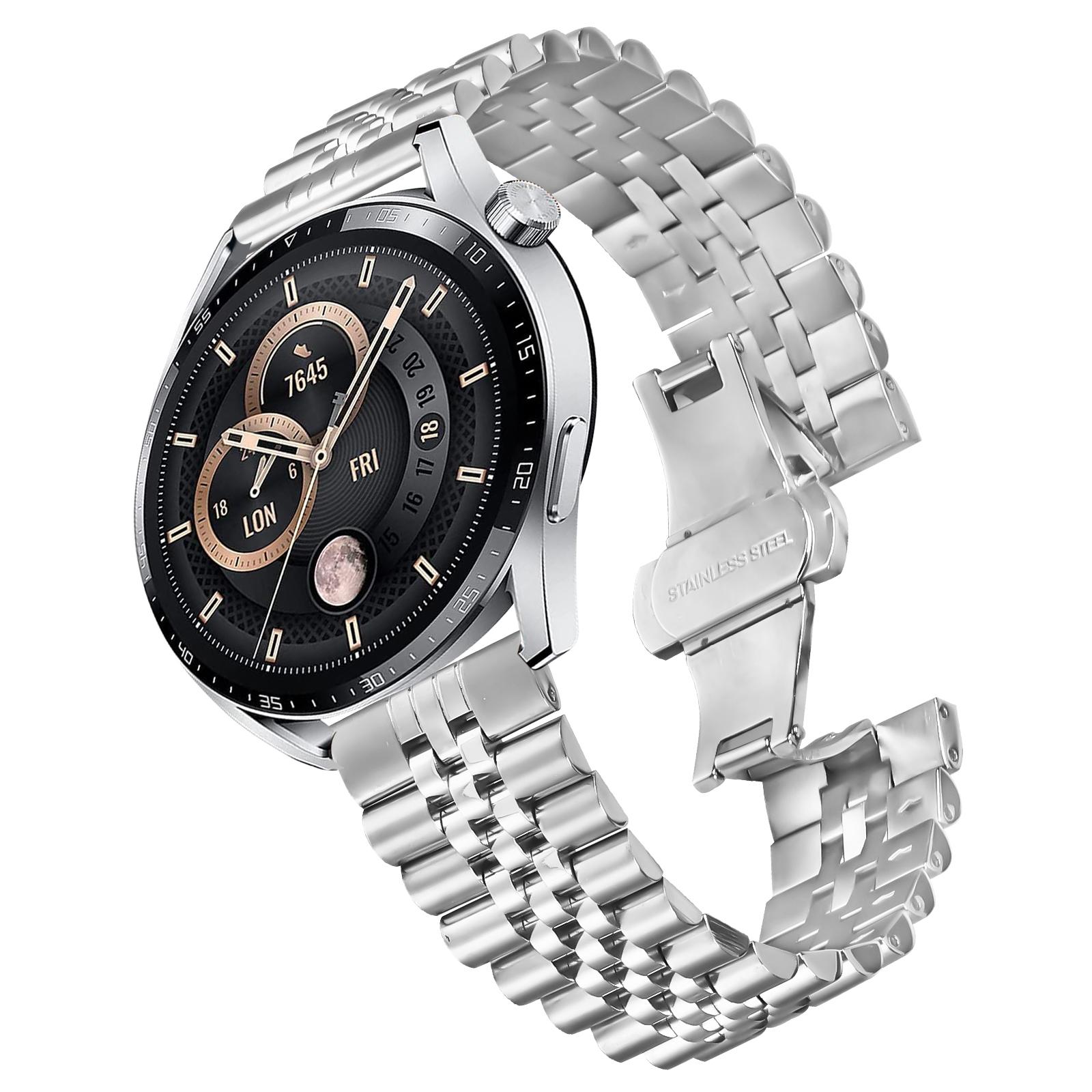 

For Samsung Galaxy Watch 46mm Wrist Band 5-Bead Stainless Steel Butterfly Clasp Watch Strap Silver