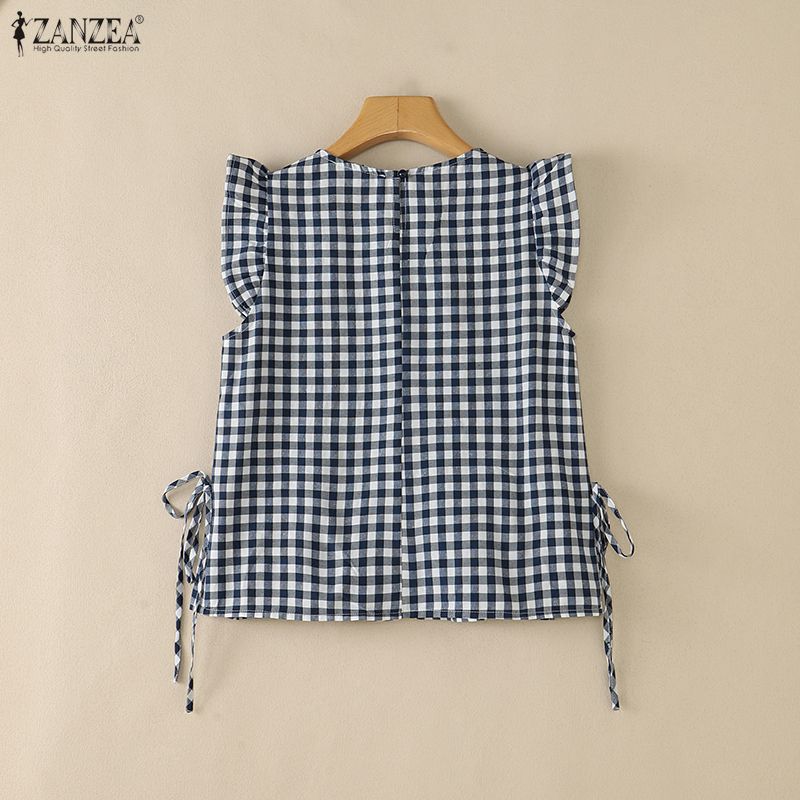 ZANZEA Women Plaid Print Casual Round Neck Sleeveless Tank Tops
