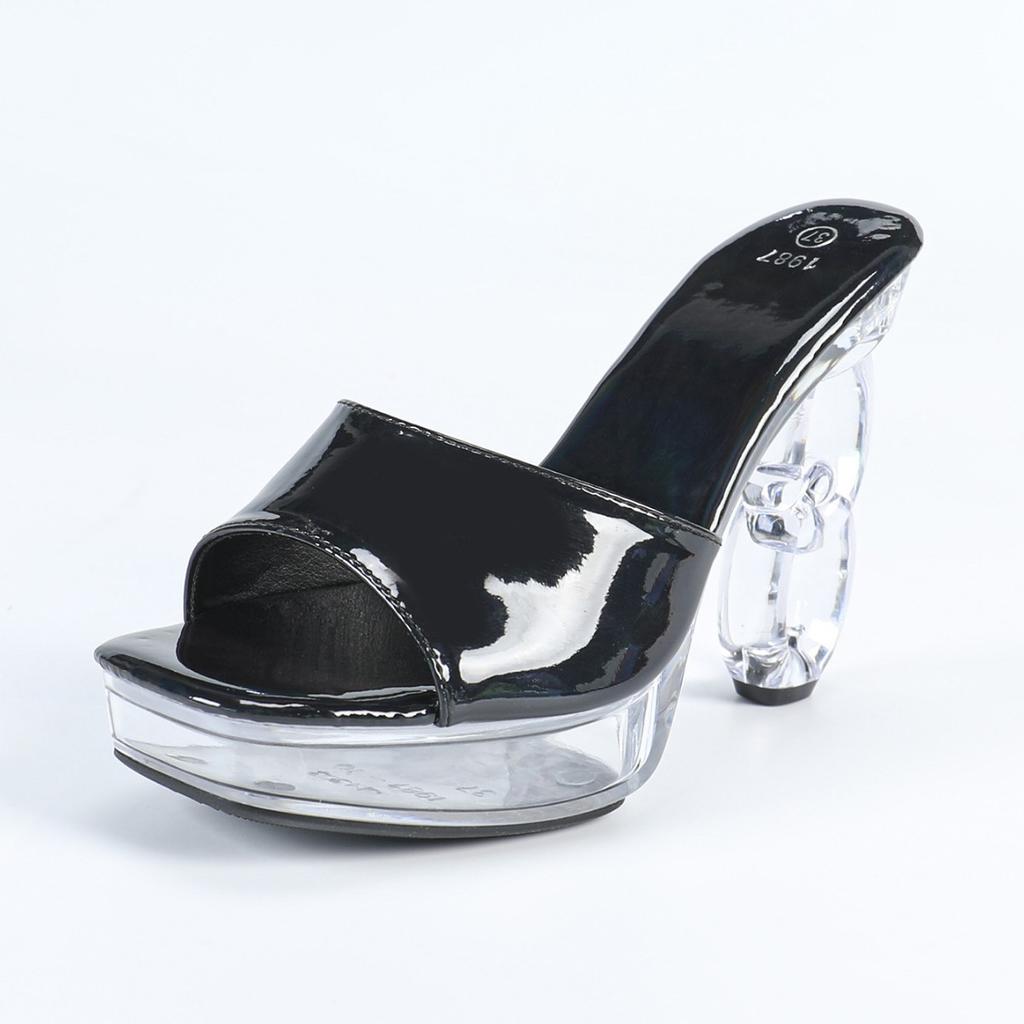 Fashion New 12CM Sexy Car Model Fashion Transparent Nightclub Crystal Square Head Non-slip Sandals High-heeled Slipper