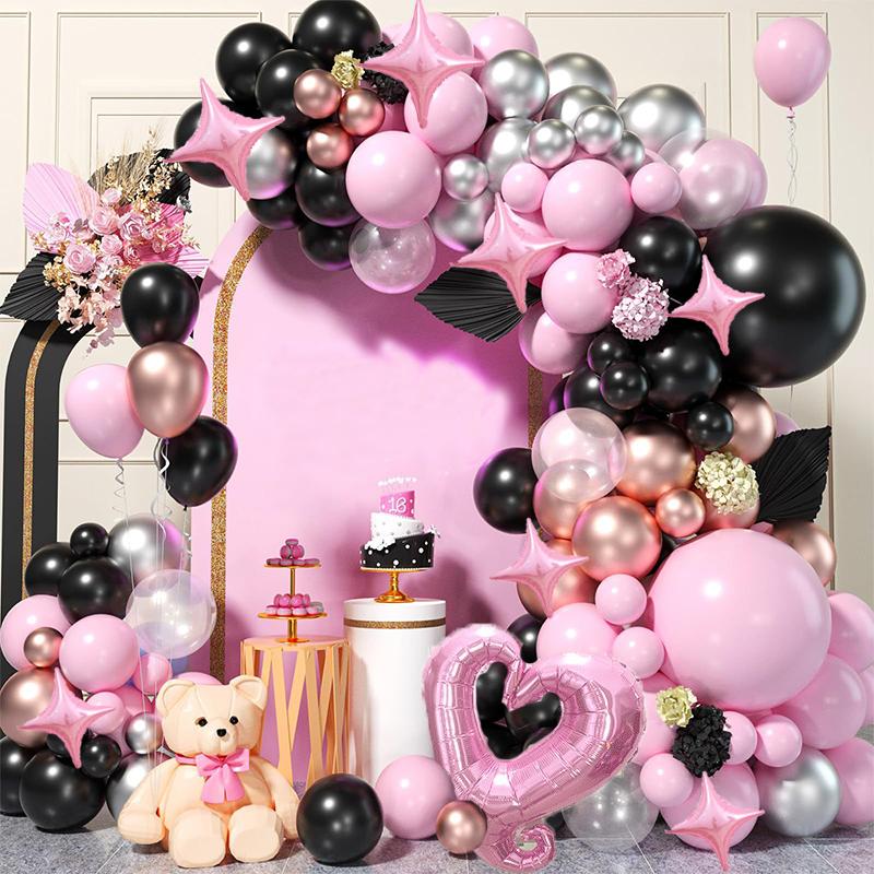 122pcs Metal Silver Black Pink Balloon Garland Set, Suitable for Valentine's Day, Birthday Party Wedding Background Decoration