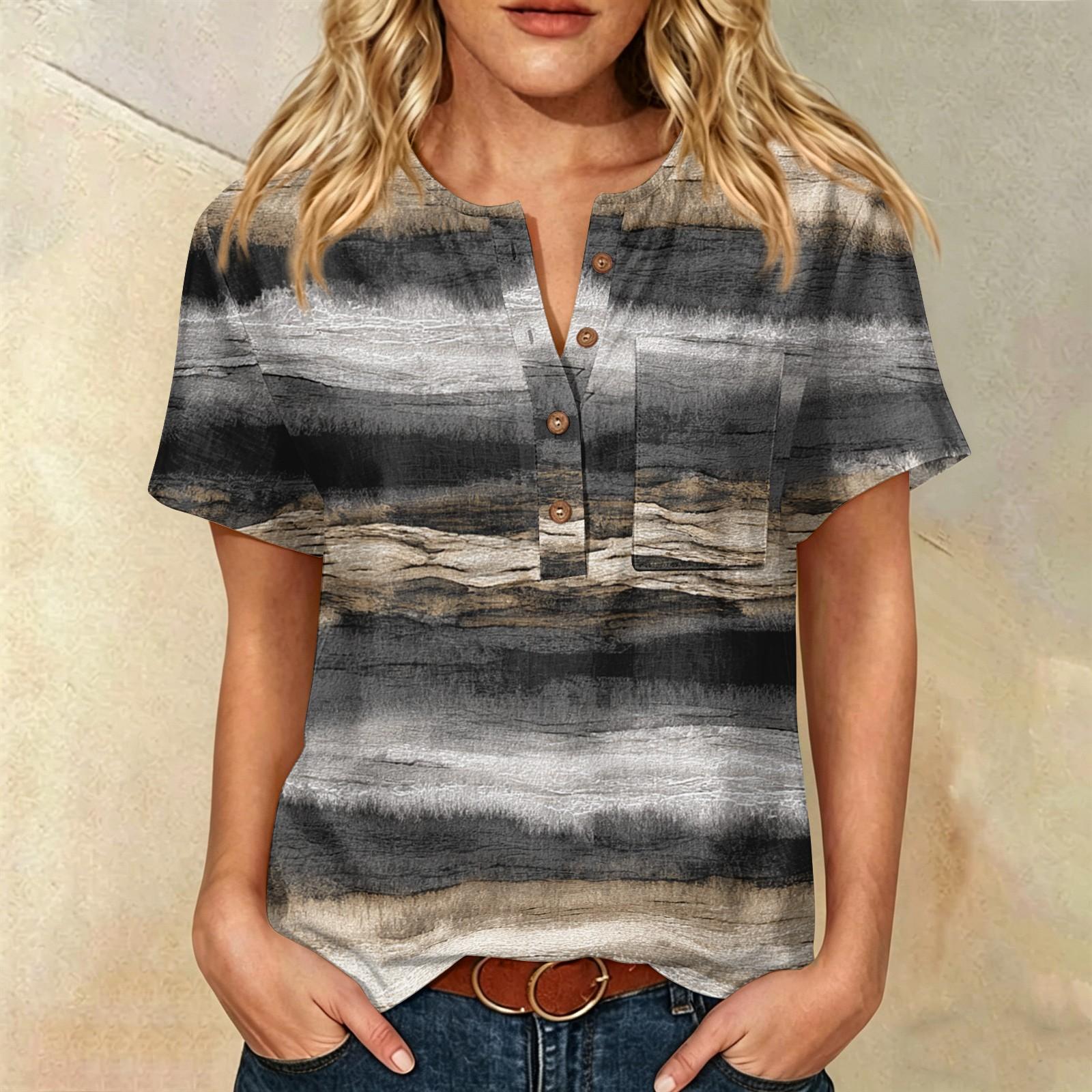 

Women Henley Neck Printed Short Sleeve Cotton Linen Shirt with Front Pocket and Button Casual Fit Top XL
