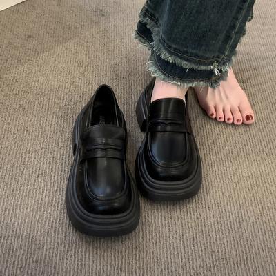 Black Platform British Style Small Leather Shoes Women's 2024 Autumn and Winter New Women's Shoes Retro Mary Jane One-pedal Loafers