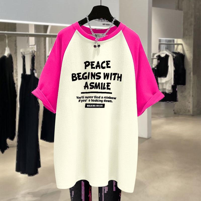 Contrasting Medium-length New Summer Casual Letters Large Version Loose Rag-sleeved Short-sleeved T-shirt for Women